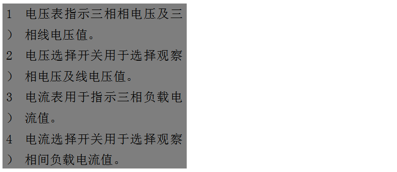 文本框: 1）	電壓表指示三相相電壓及三相線(xiàn)電壓值。
2）	電壓選擇開(kāi)關(guān)用于選擇觀(guān)察相電壓及線(xiàn)電壓值。
3）	電流表用于指示三相負載電流值。
4）	電流選擇開(kāi)關(guān)用于選擇觀(guān)察相間負載電流值。
5）	運行時(shí)間表用于指示柴油發(fā)電機組的累計運行時(shí)間。
6）	機油壓力表用于指示機組運行時(shí)的機油壓讀數。
7）	水溫表用于指示冷卻液溫度數值。
8）	頻率/轉速表用于指示輸出電力的頻率和機組的轉速。
9）	電池電壓表用于指示電池的充電電壓。

